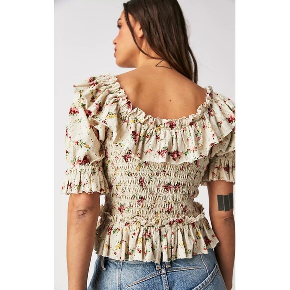 NWT FREE PEOPLE M Favorite Girl Cream Tea Party Combo Top Smocked Floral Cottage - Picture 13 of 16
